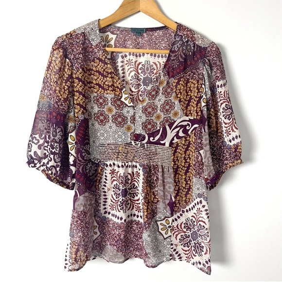 left of center Tops - 2/$14 Left of Center Brown Boho Sheer Peasant Top Large Paisley V-Neck